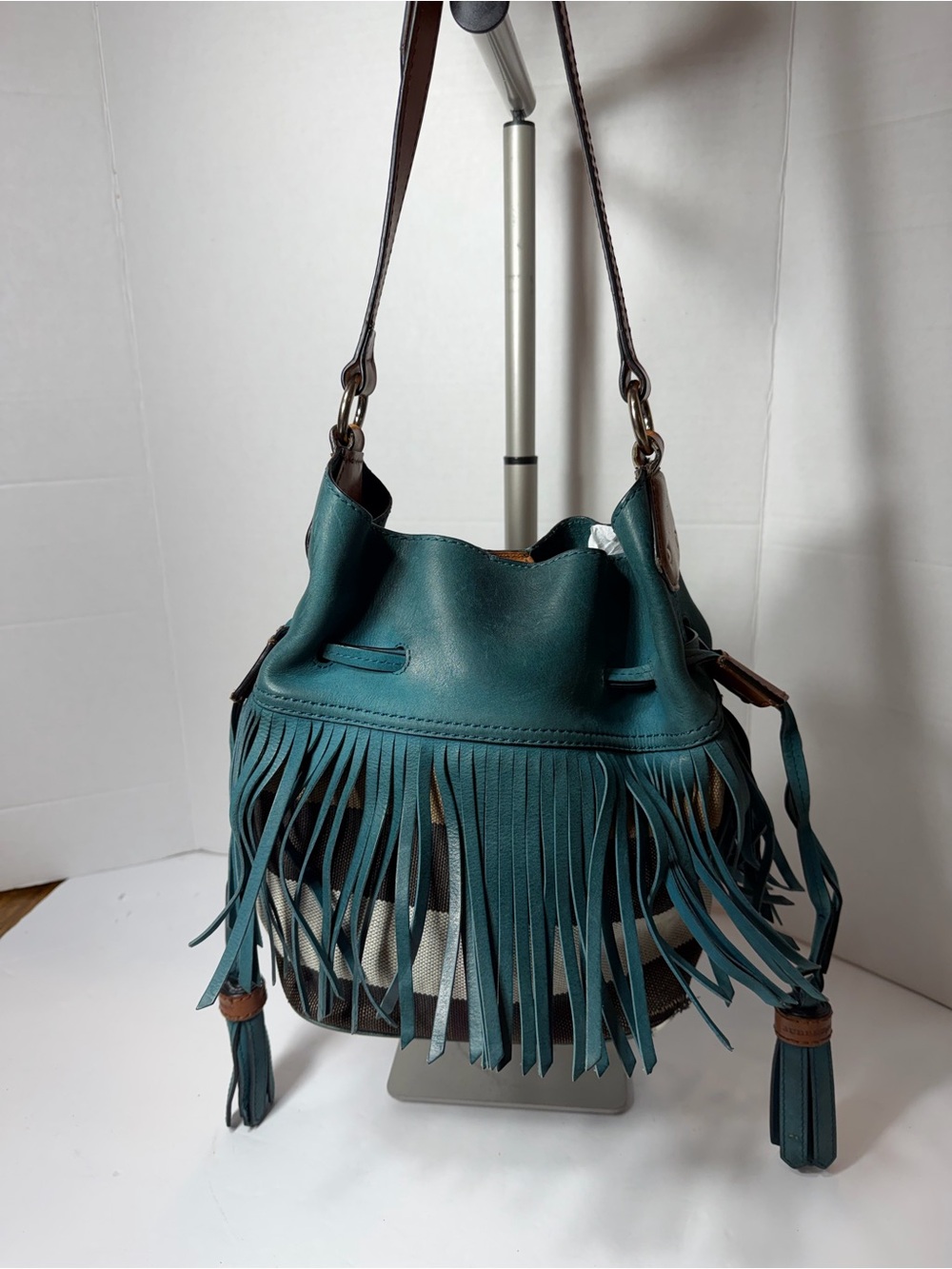 Beautiful Burberry Ashby Belgrove fringe bag, teal call outs in photos